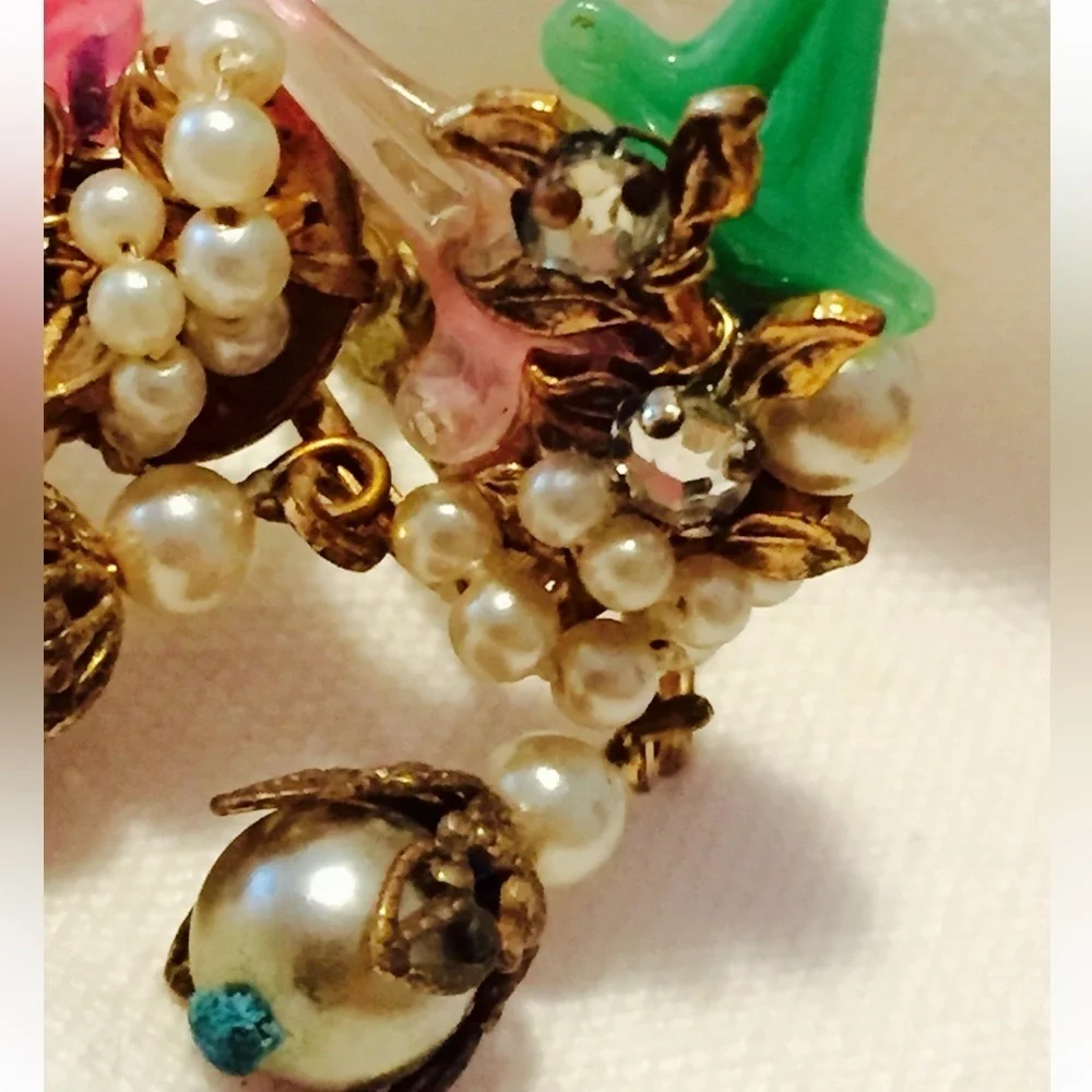 Vintage Rare Early Miriam Haskell Robert Brass Filigree glass leaf Earrings Set